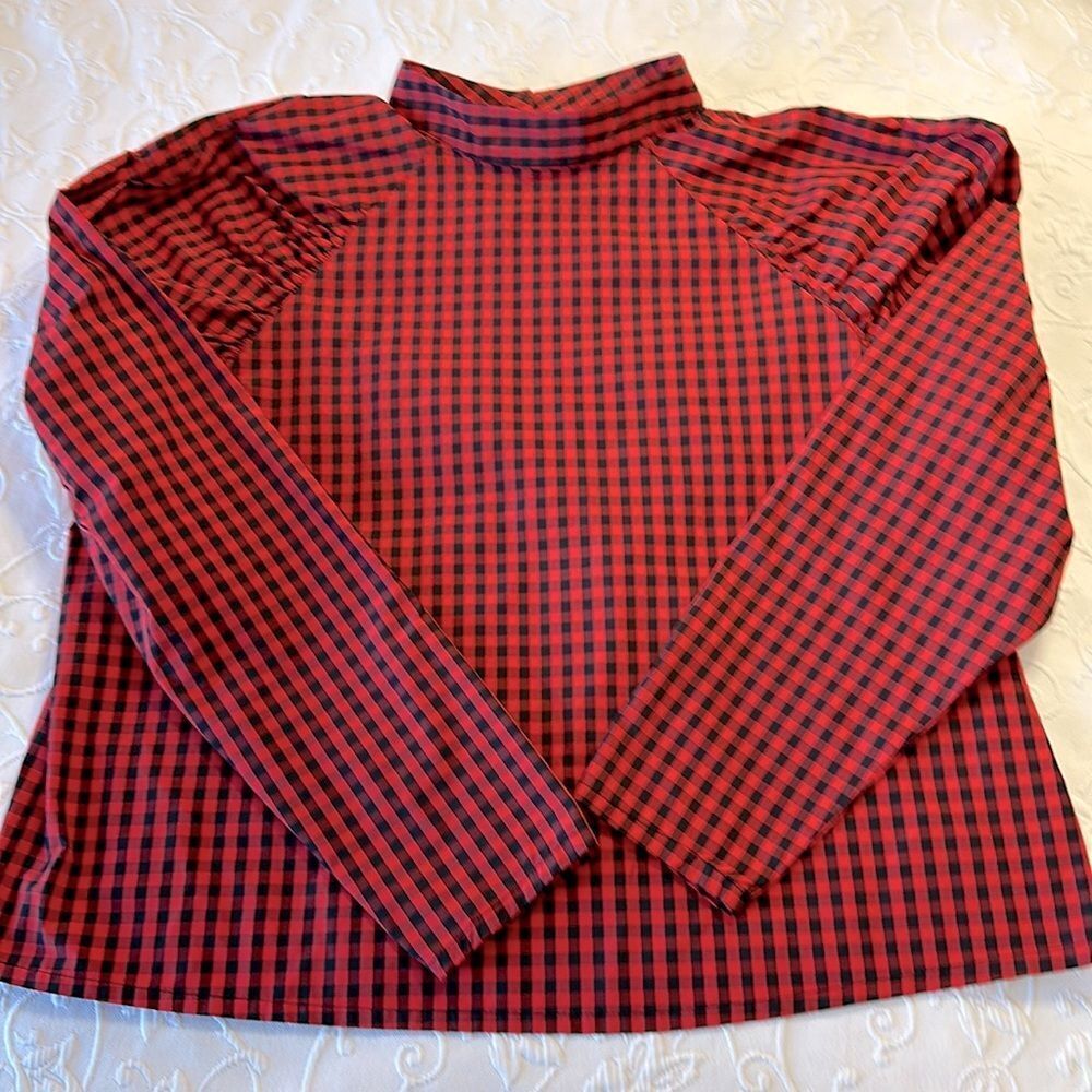 H&M Black and Red Gingham‎ Women's Blouse with Puffy Shoulder Detail Size L